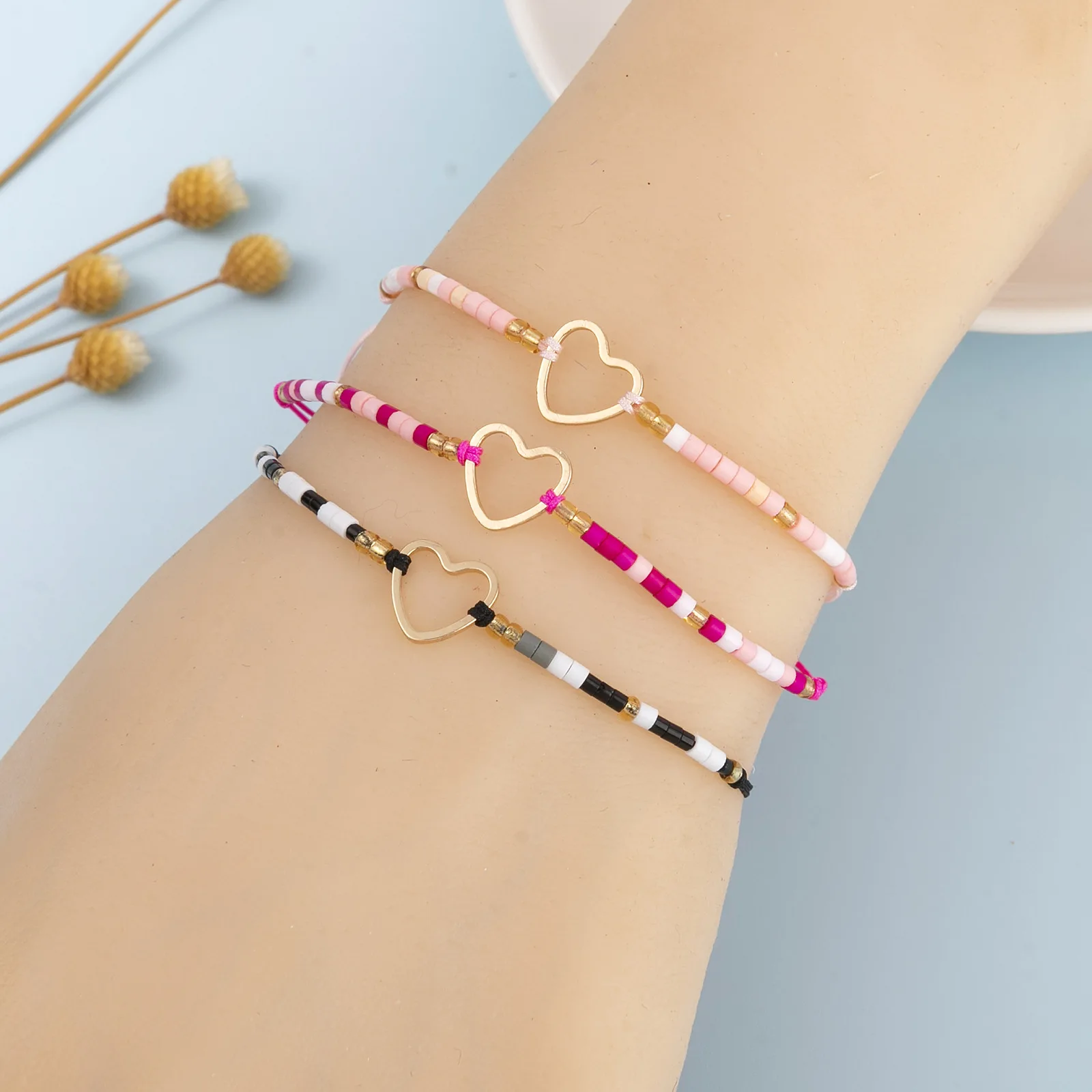 12 قطعة/المجموعة اليدوية قابل للتعديل كريستال البذور الخرز اليد مجوهرات الجوف القلب سحر سوار كيت للنساء والفتيات #6