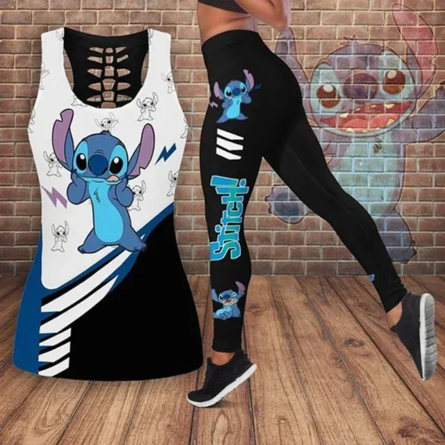 2024 Disney Stitch Women\'s Hollow Tanktop Yoga Set Summer Fitness Leggings Tracksuit Disney Cutout Tank Top Leggings Set