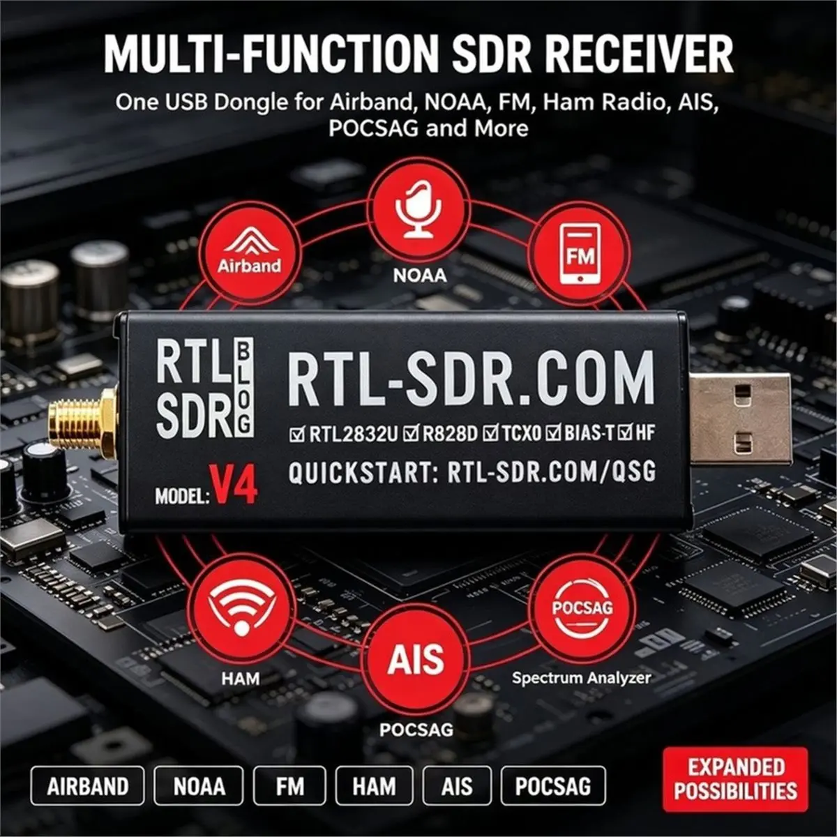 For Blog V4 R820T2 1PPM TCXO SMA Dongle Only Wideband SDR Receiver for SDR Software, 1PC