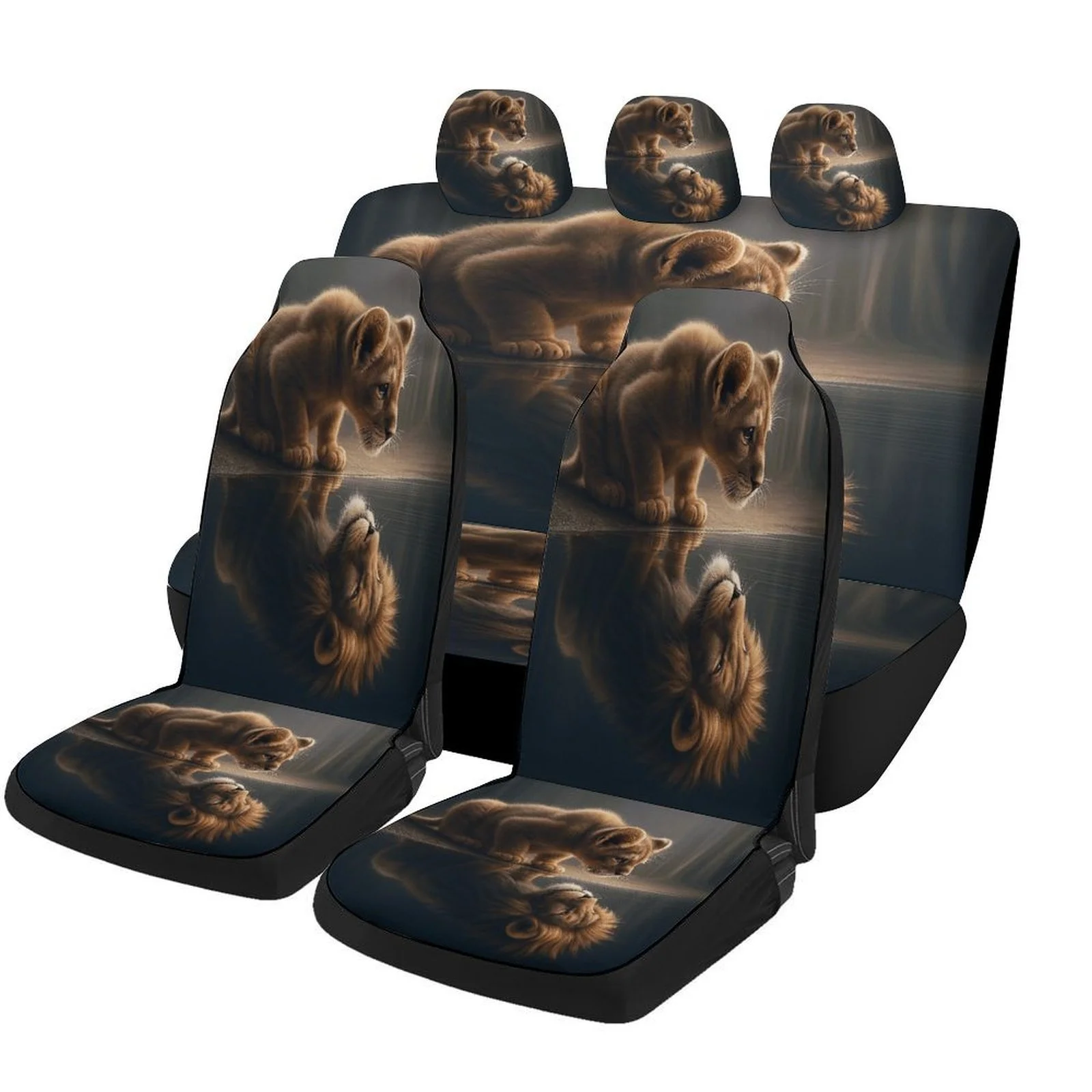 Lion Reflection Themed Car Seat Cover Set For Most Cars, Trendy Novelty Car Seat Protector Covers Full Set, Universal Car Seat C