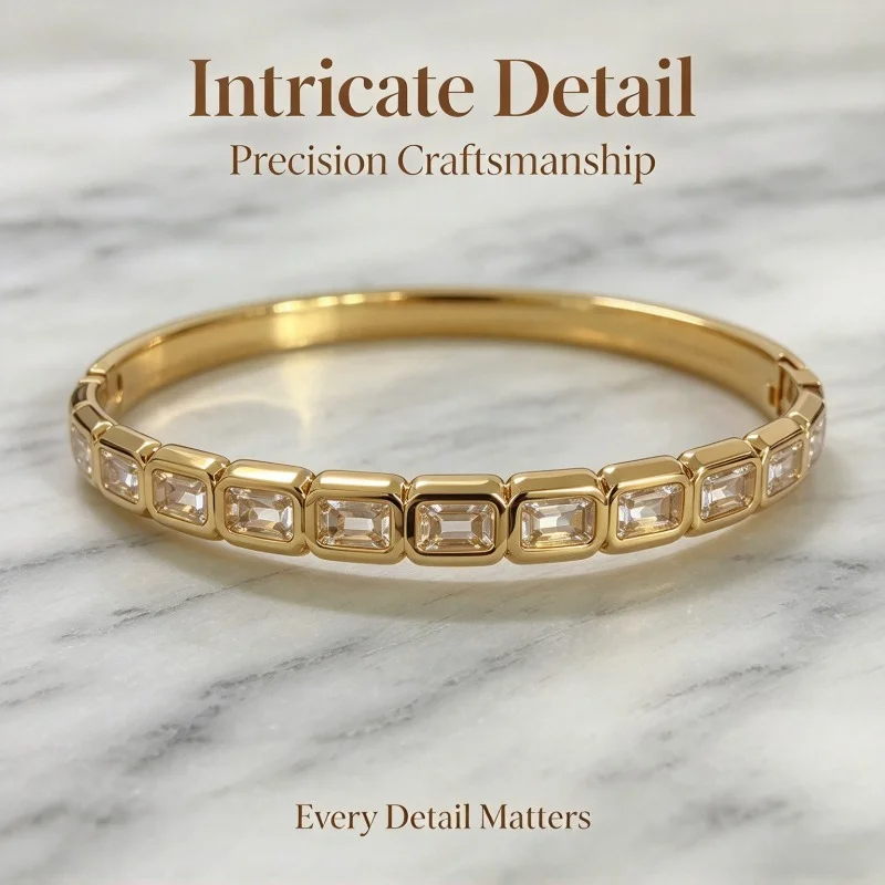 Gold Color Snap-on Bangle Block Zircon Bracelet Stainless Steel Trendy Durable Women Fashion Jewelry Gift for Party Daily