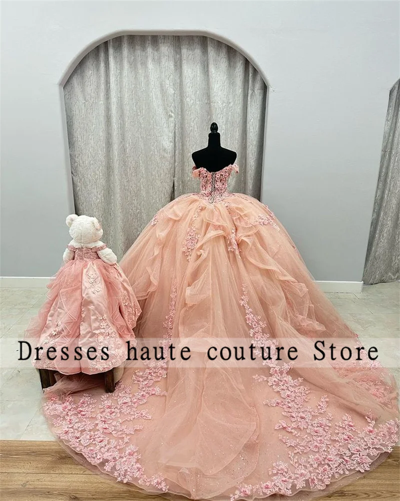 

New Pink Lace Ball Gown Quinceanera Dresses 2025 Beaded Appliques Lace 3D Folwer Sweet 16 Dress Customized Vestido De 15 Años