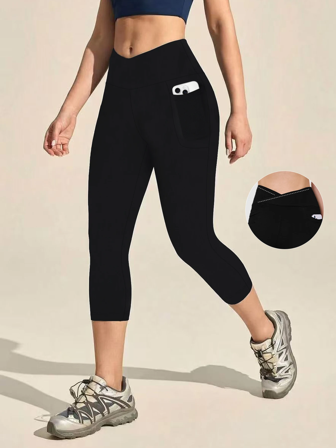 Women's Super Soft Crossover High Waisted Capri Pants With Pockets Tummy Control No See Through Workout Yoga Running Leggings