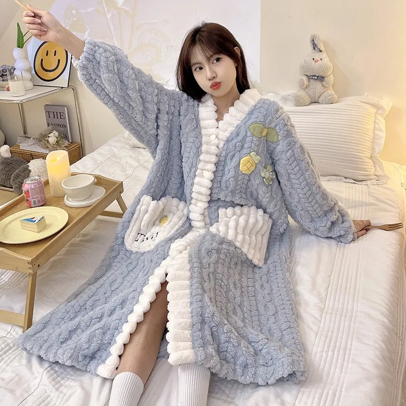 5 Colors Cute Homewear Pajamas Fleece Nightwear Women Winter Warm Thick Coral Velvet Bathrobe Nightgown Sleepwear