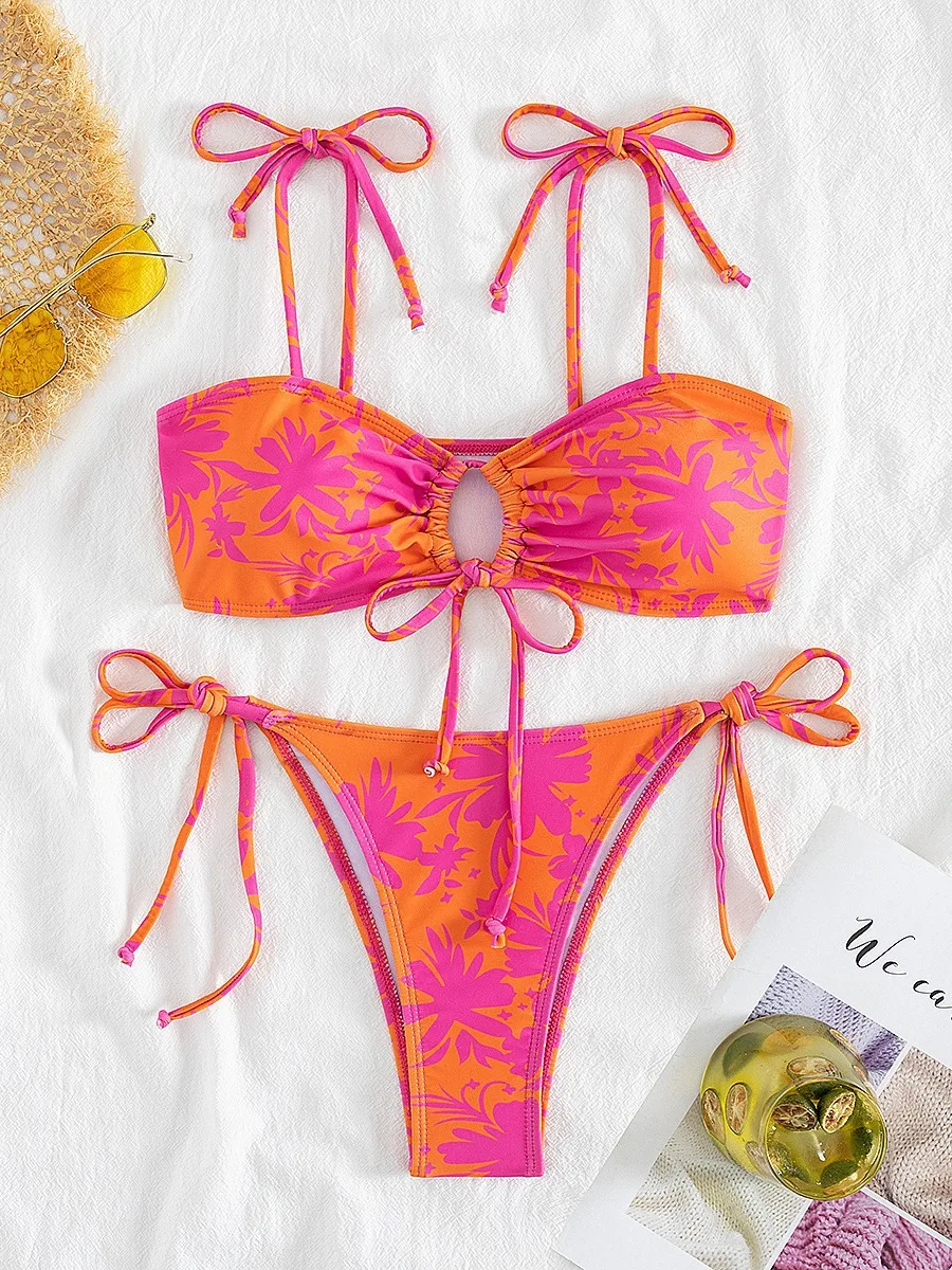 sexy floral print bandeau bikinis sets two pieces tie bow bathing suit swimsuit swimwear women beach outfits biquini tankini