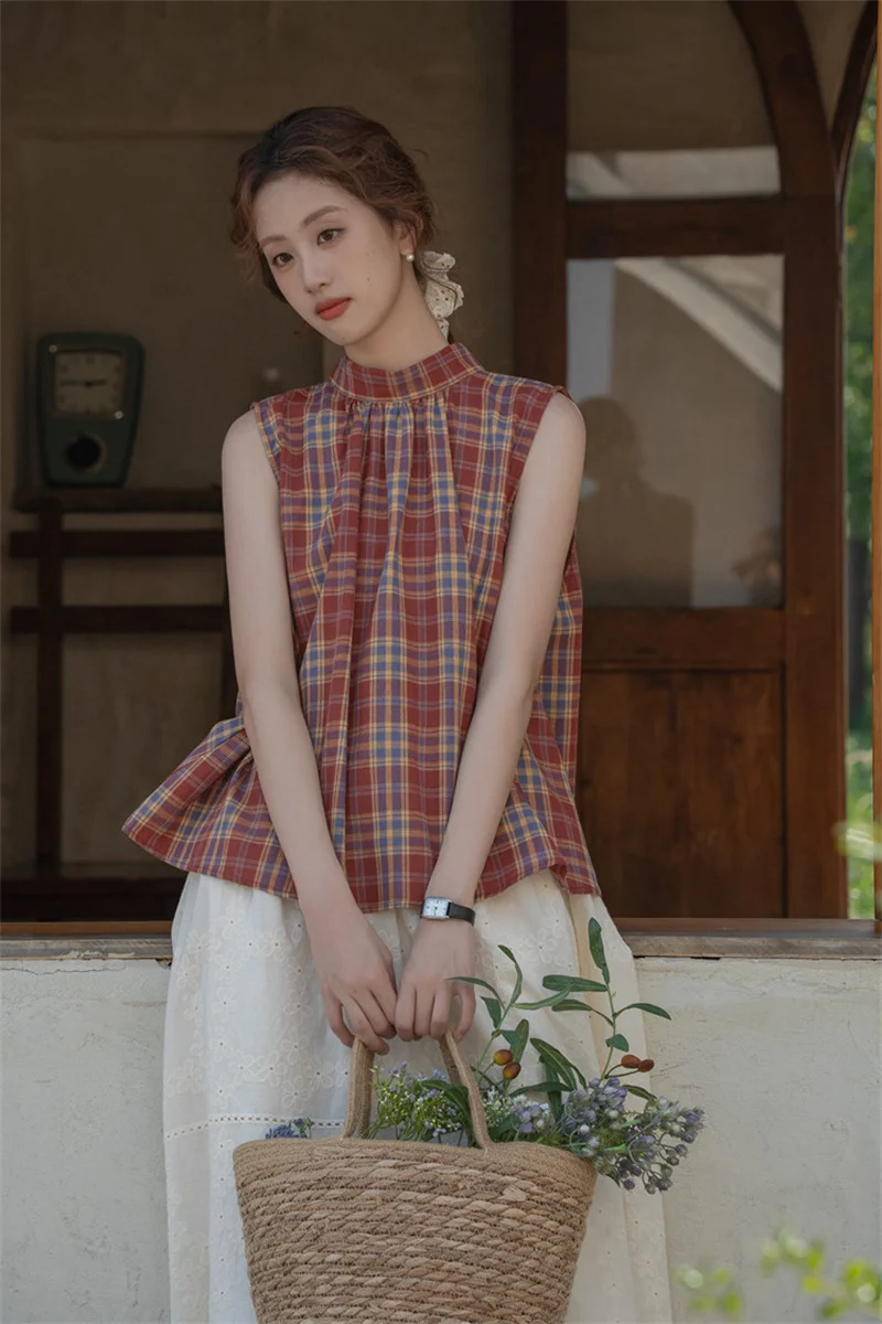 Women's Shirt Fashion Contrast Red plaid Temperament Sleeveless Vest Doll Shirt Female Summer Bow tie Korean Loose Slim Top New view 3