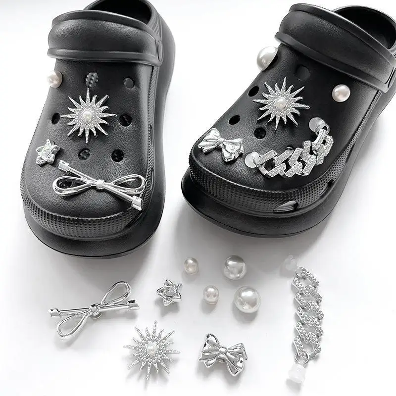 9Pcs Bling Rhinestone Shoe Charms Silver Bow Sun Star Pearl Shoe Ornament DIY Detachable Shoe Decoration Shoe Accessories