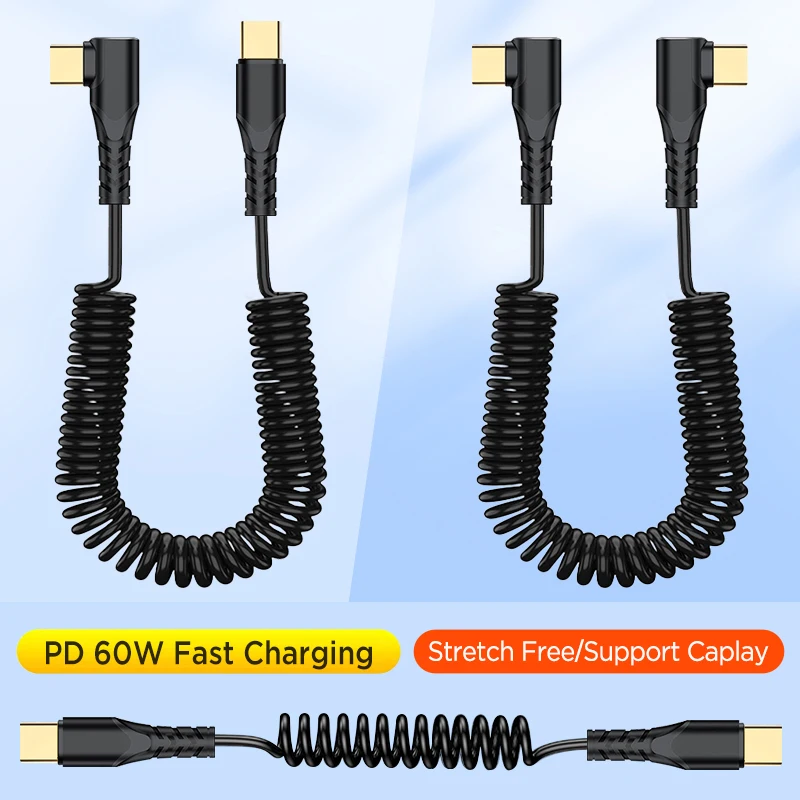 Coiled USB C to Type C Cable for Car,90 ° Right Angle Spring Retractable Fast Charging Cord for iPhone 17/15,Samsung Galaxy S23