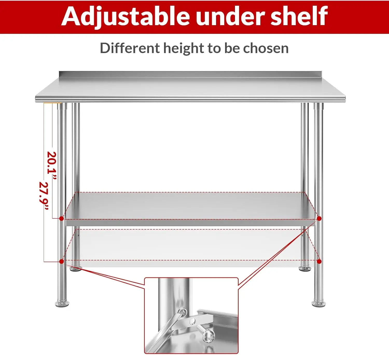 Table de préparation en acier inoxydable pour le travail, 24x48 pouces, capacité de charge élevée avec et pour l'extérieur, restaurants