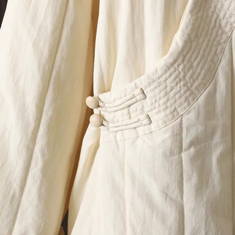 Light Chinese Syle Cotton Padded Cheongsam Slanted Collar Thickened Pressed Stripps Buttoned Robe Cotton Linen Winter Dress A013