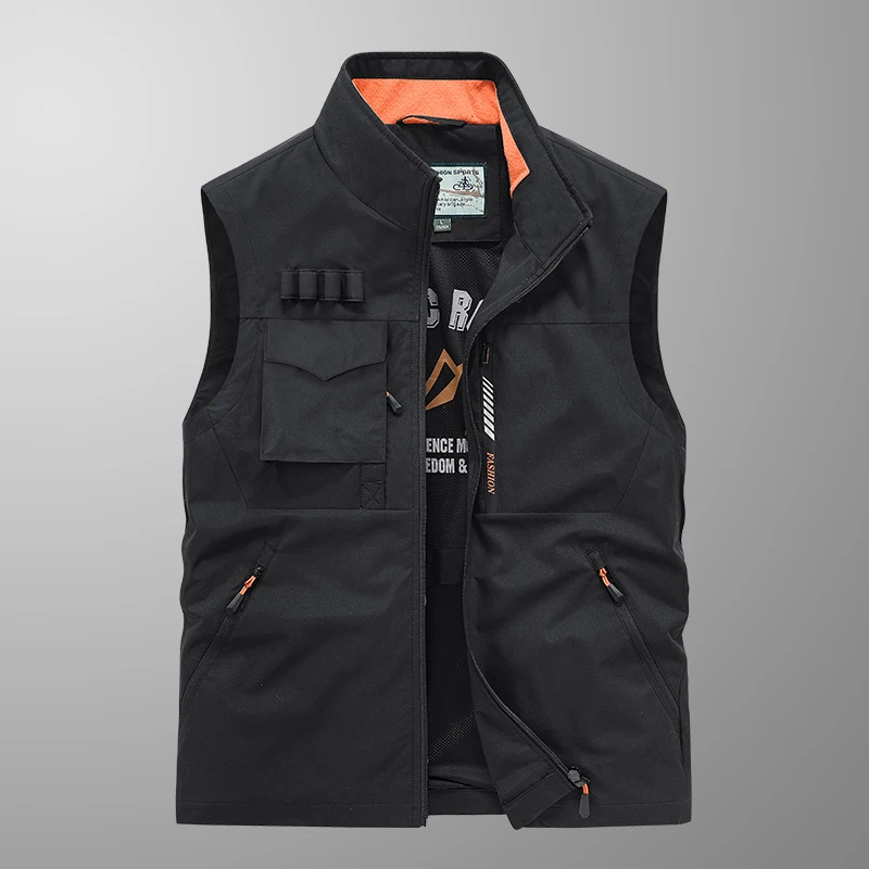 2024 men\'s vest, outdoor casual multi pocket fishing mesh vest, men\'s photography vest Four season universal stand collar
