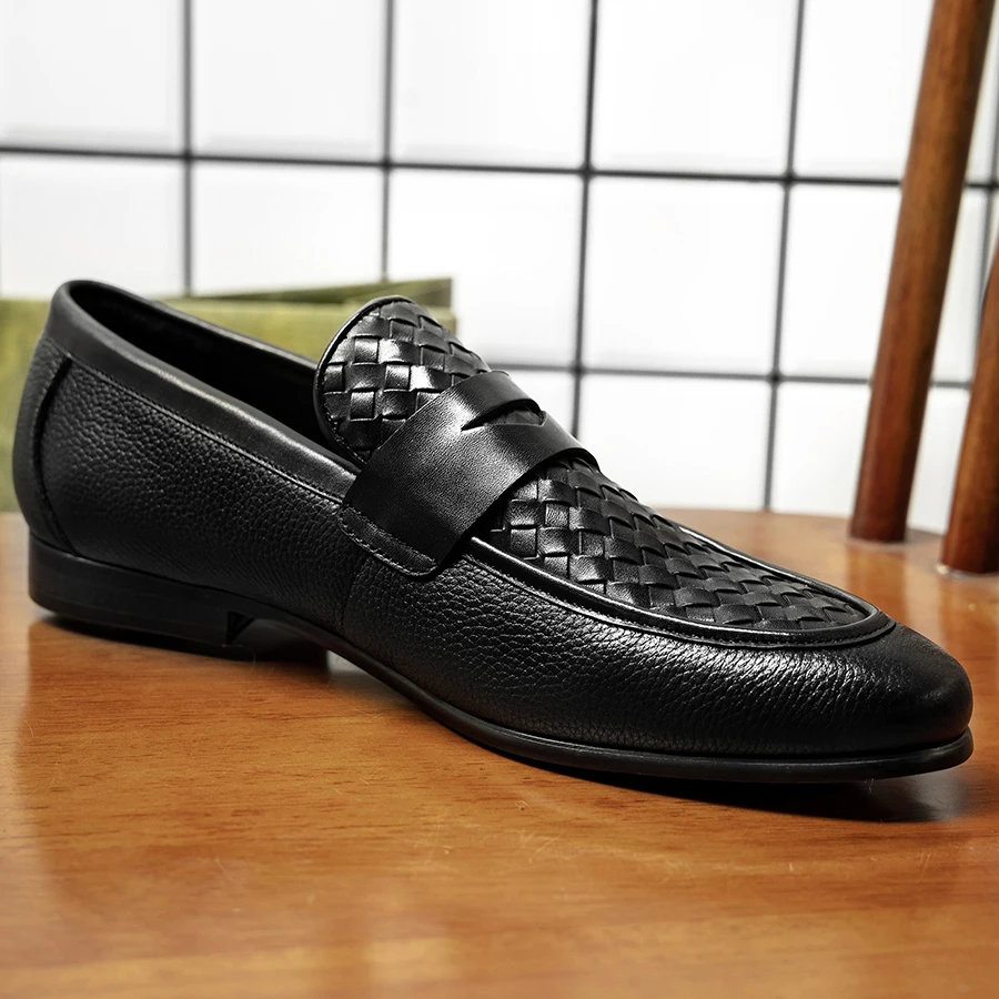 

"HANMCE Men's Handwoven Loafers | Genuine Cowhide Leather Business Formal Slip-On Shoes | Braided Design Dress Shoes | Non-Slip