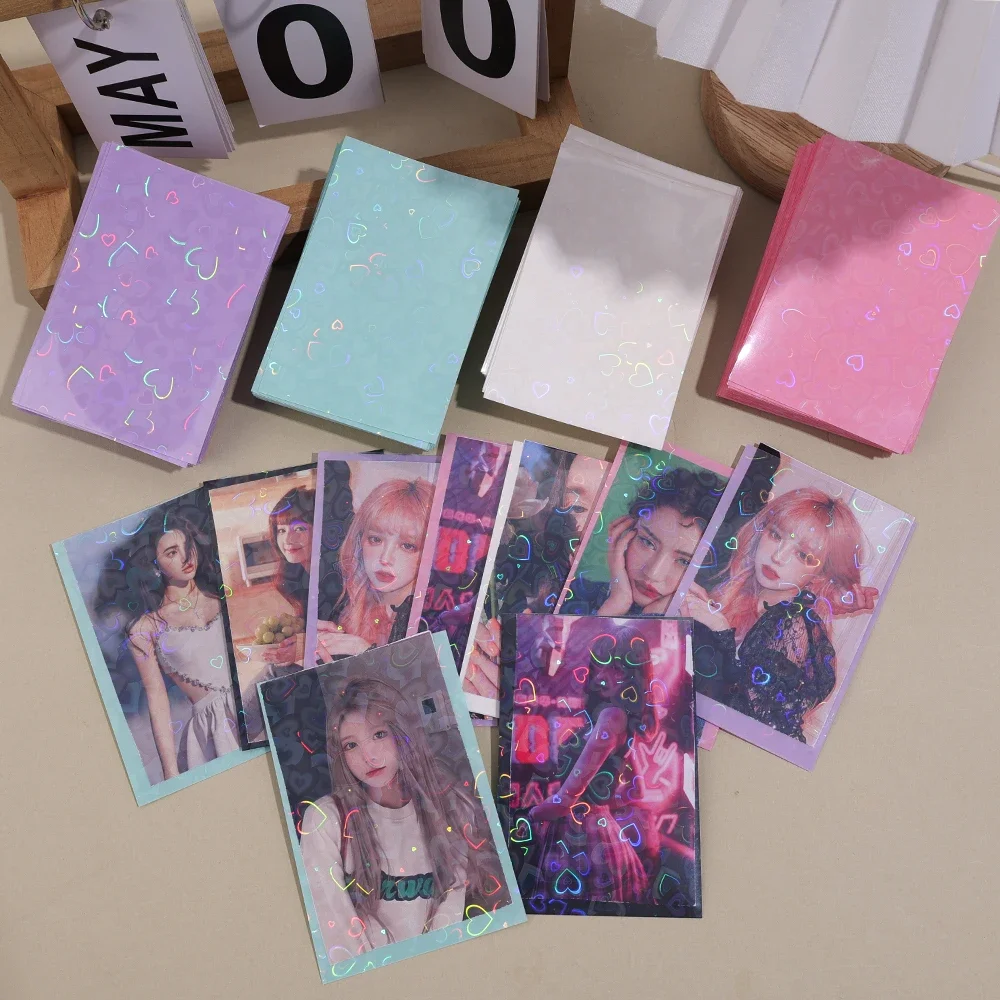 50 Pcs Laser Glitter Love Heart Photocard Sleeves Toploader Holder Korea Card Sleeve Transparent Kpop Idol Photo Cards Protector