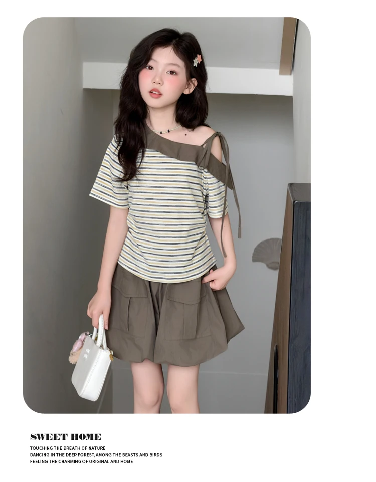 Sommer-Outfits für Teenager-Mädchen: Modisches Schulterfreies Gestreiftes Oberteil + Bloomer-Shorts, Kinderkleidung, Zweiteilige Sets, 6 8 10 12 14 Jahre – Detail 9