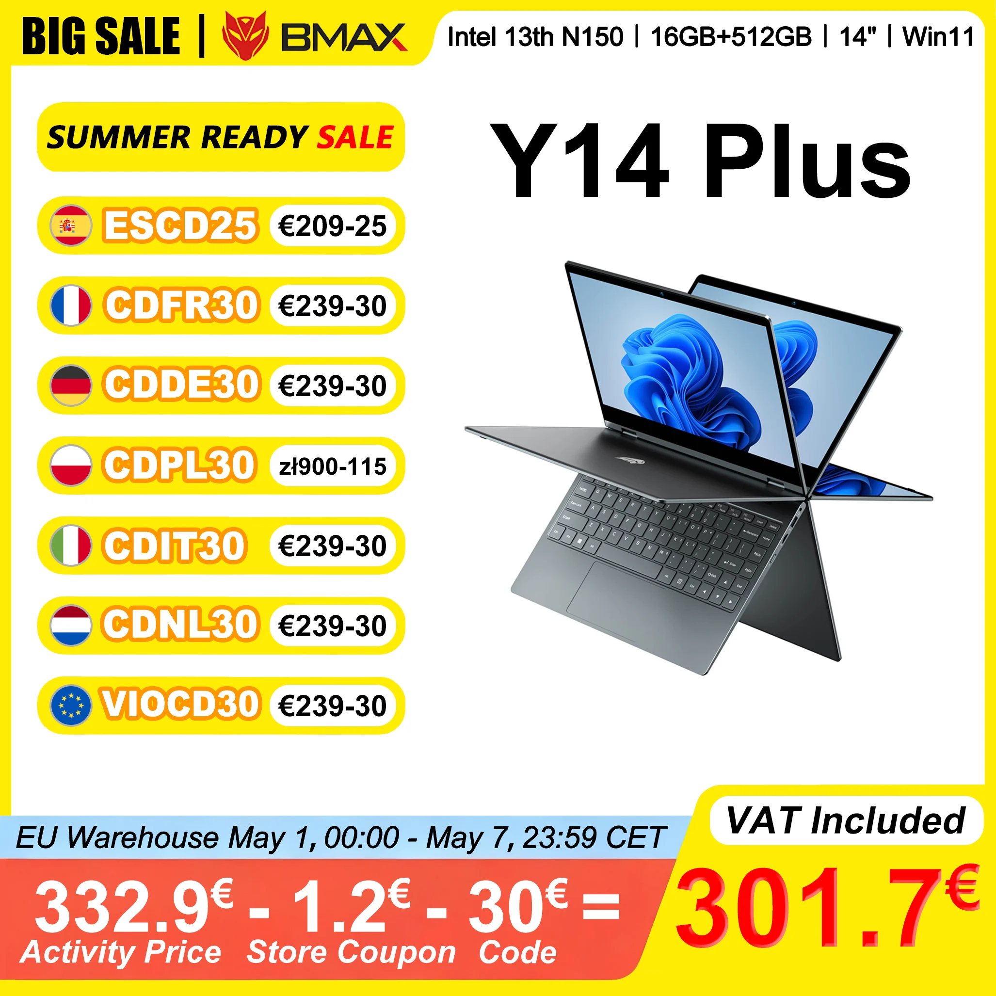 BMAX Y14 Plus Laptop 14 Zoll Touchscreen 16 GB RAM 512 GB SSD Intel N150 1920*1080 IPS 360 ° Cabrio-Notizbuch Windows 11