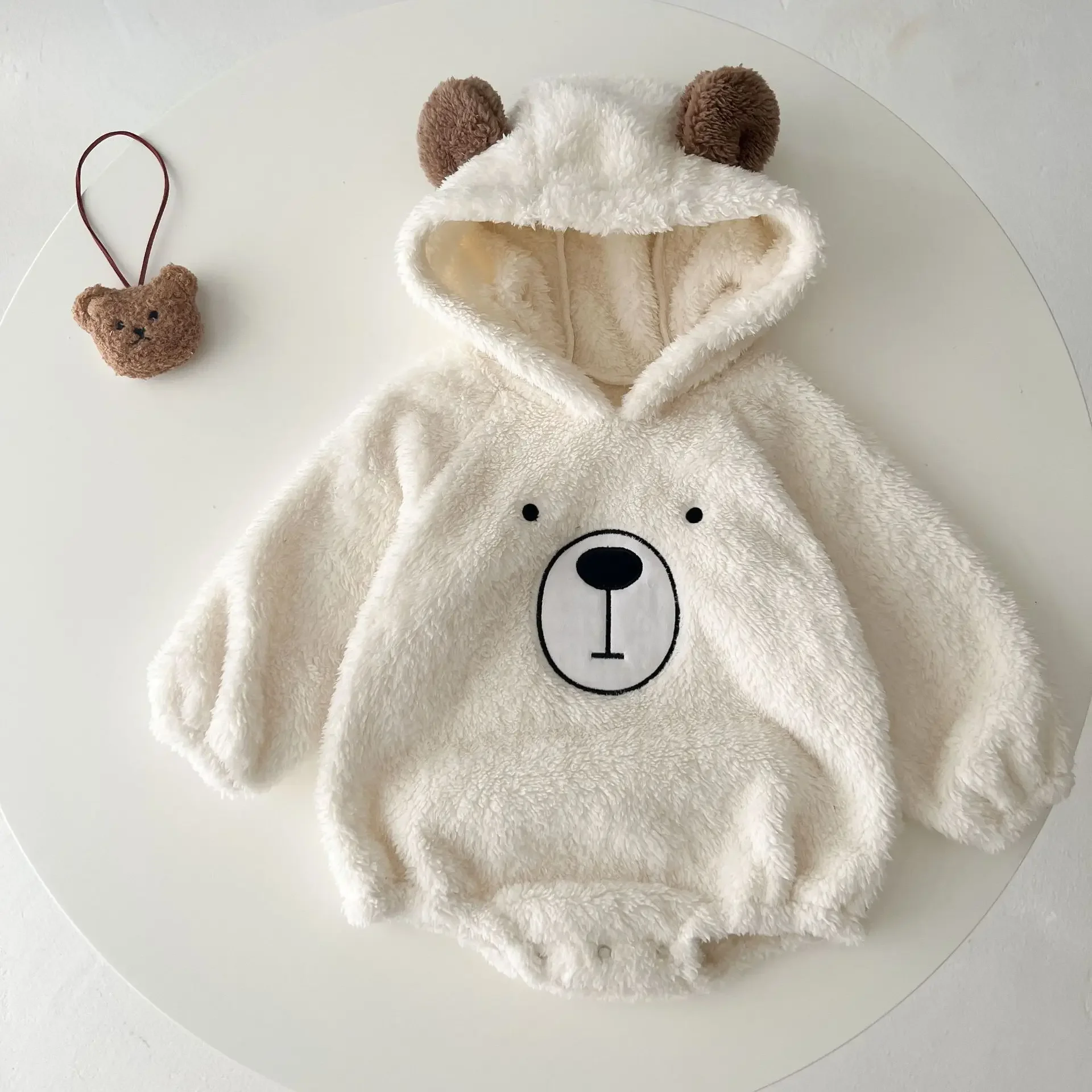 Baby Flannel Romper Long Sleeve Hooded Jumpsuit Cartoon Bear Infant Boy Girl Overalls Newborns Autumn Winter Clothes 0-3Years