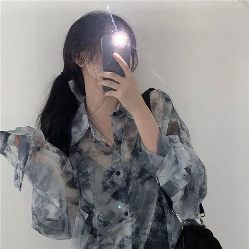 Chiffon Tie Dye Shirts Women Korean Fashion Loose Long Sleeve Sun-Proof Blouse Female All-Match Summer Holiday Baggy Casual Top