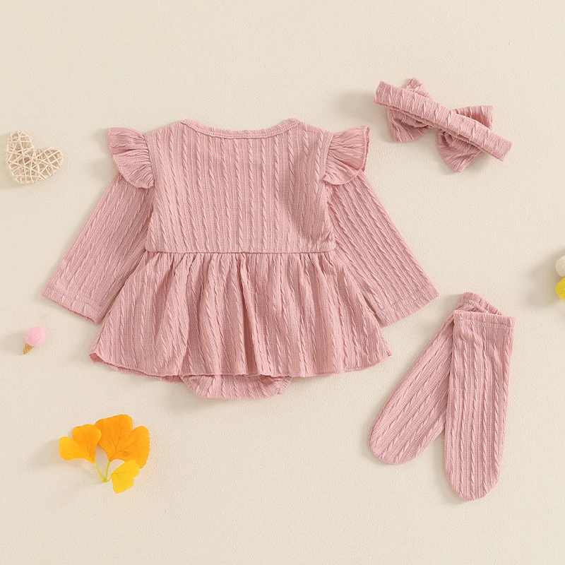 Newborn Items Clothes Baby Girls Ribbed Set Ruffled Trim Long Sleeve Romper with Bow and Headband Stockings Adorable Outfits