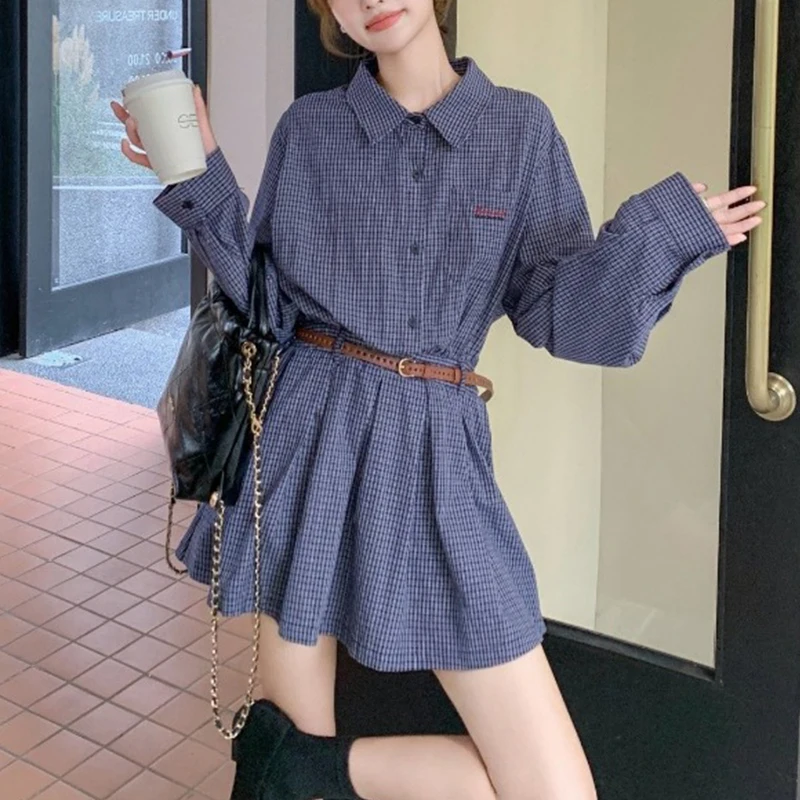 Women Plaid Shirt Dress Lapel Collar Long Sleeve Pleated Hem Loose Casual Mini Dress