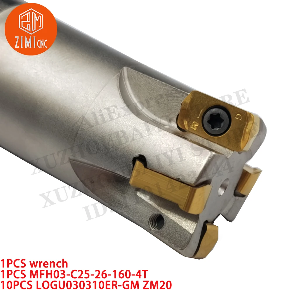 1 шт. MFH03-C25-26-160-4T Держатель фрезерного инструмента + 10 шт. LOGU030310ER-GM ZM20 Фрезерная вставка токарный станок по металлу Твердосплавные вставки режущий инструмент