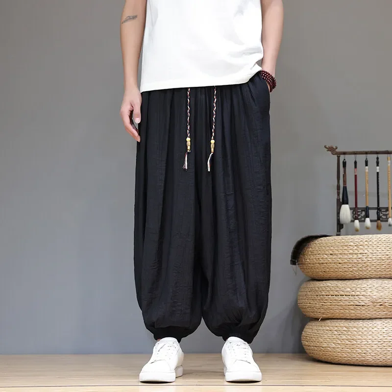 LIBIELIY Summer Men's Casual Pants Solid Thin Loose Harem Pants Streetwear Male Breathable Wide Leg Pants Men Baggy Trousers Plu