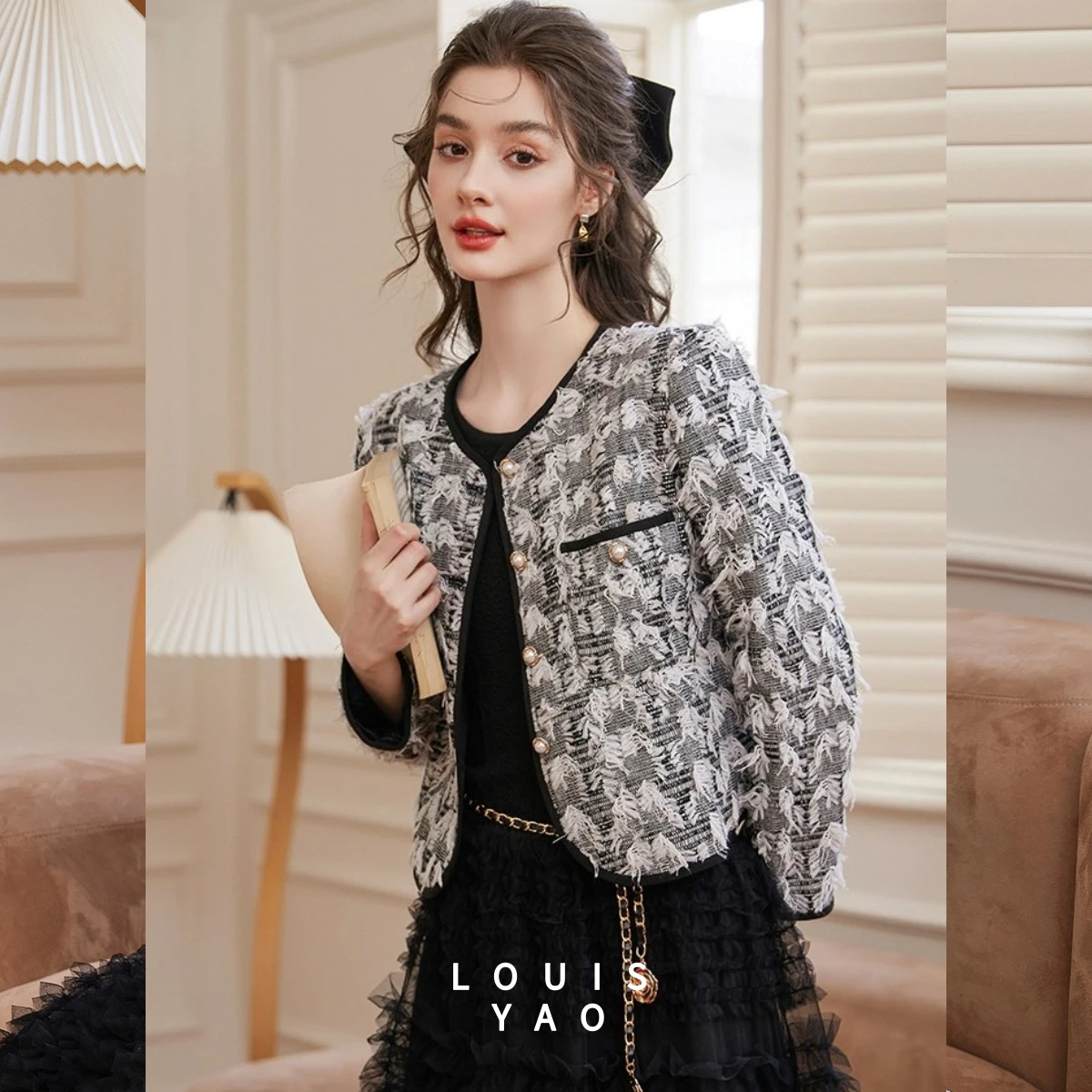 

LOUISYAO Women's Jacket 2026 Spring French Wheat Stitch Woven Round Neck Single Breasted Commuter Full Hem Casual Coat