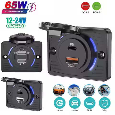 12/24V QC3.0 PD Car Charger Socket Dual PD Dual USB Outlet Panel Power Adapter Waterproof For Camper Caravan Accessories