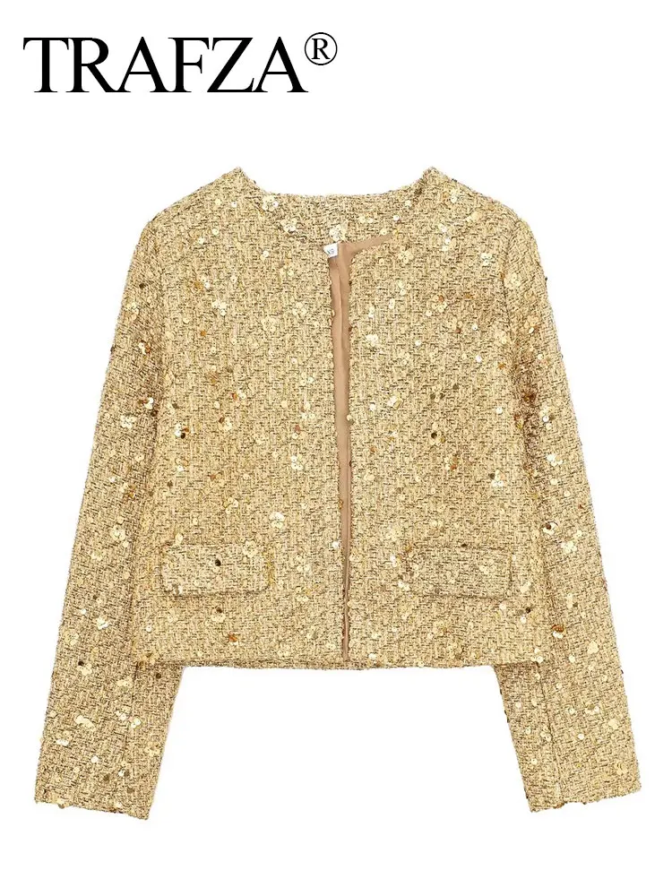 TRAFZA 2024 Donne Paillettes Lucide Cardigan Cappotto O Collo Giacca A Maniche Lunghe Oro Argento Paillettes Sottile Cappotti Corti Moda Streetwear