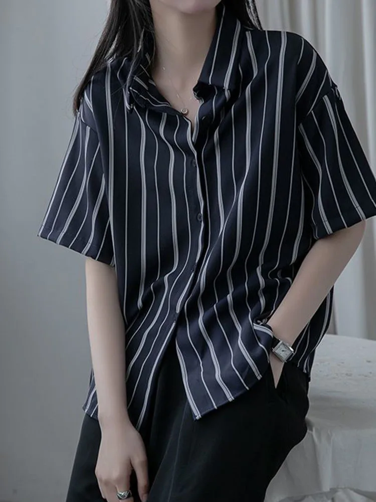 Zoki Women Striped Shirt Harajuku Retro Short Sleeve Blouse Korean Fashion Loose Turn Down Collar Tops Summer All Match Clothes