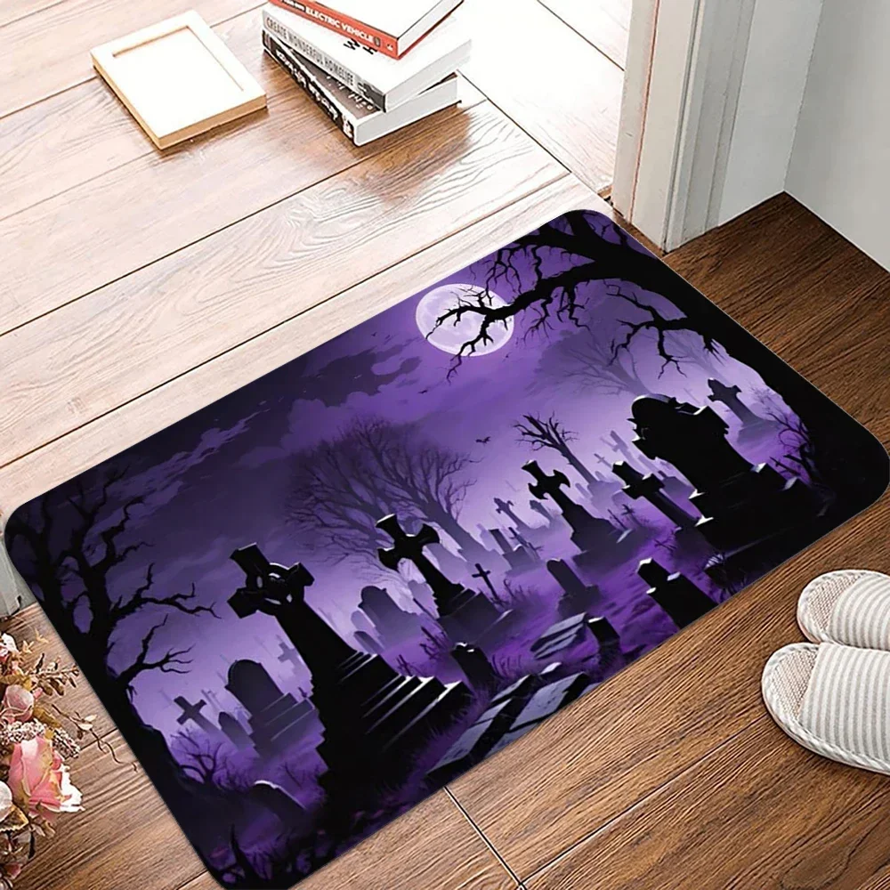 Halloween Scary Night Doormat Terrifying Pumpkin Cross Cemetery Entrance Doormat Bathroom Non Slip Carpet Halloween Gift