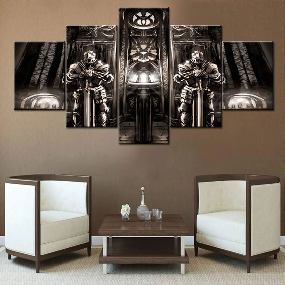 No Framed Canvas 5Pieces Black and White Knights Templer Armor Ancient Shrine Wall Art Posters Pictures Home Decor Paintings