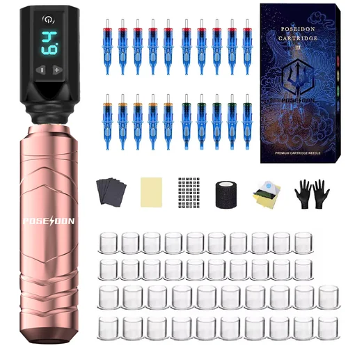 Imagen 2 del producto Kit de tatuaje POSEIDON, nuevo Kit de pluma de tatuaje rosa para maquillaje permanente, Kit de máquina de tatuaje, fuente de alimentación inalámbrica para tatuaje, Kit de tatuaje