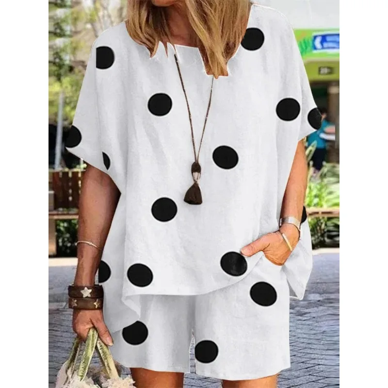 

Summer Fashion New Sports Print Women's Round Neck Short Sleeved T-shirt Elastic Waist Loose Wide Leg Shorts Two Piece Set