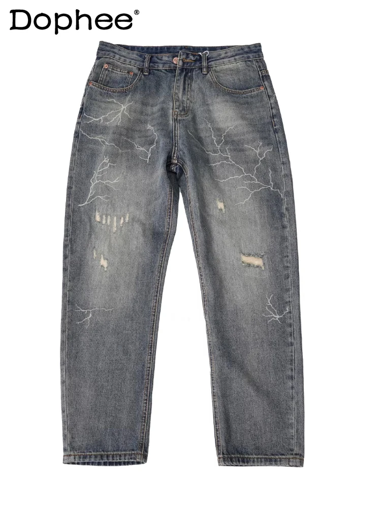 

Fashion Hole Design Jeans Men's 2026 Spring Straight Loose High Street Trendy Denim Trousers Handsome Color Matching Denim Pants