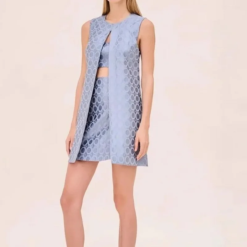 

2025 Fashion Patterns Print Party Sets Elegant O-neck Top & Mini Skirt Outfits Women Casual Sleeveless Slim Fit Two Piece Suit
