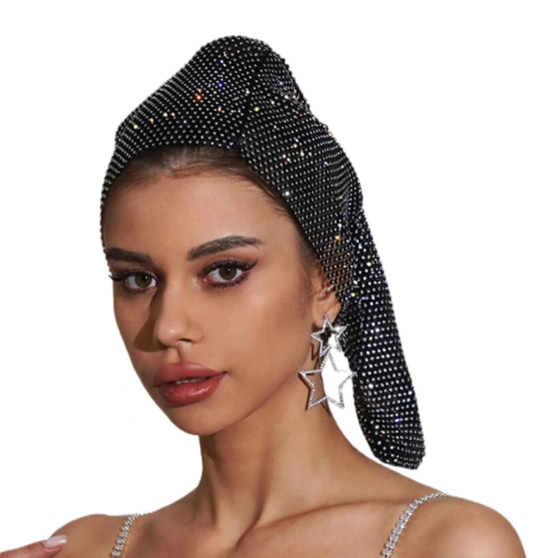 Damen Voll-Strass-Mesh-Kopftuch Funkelnder Kristall-Langschwanz-Kopfwickel Elastische Glitzernde Kopfbedeckung für Party, Club und Abendveranstaltungen – Detail 2