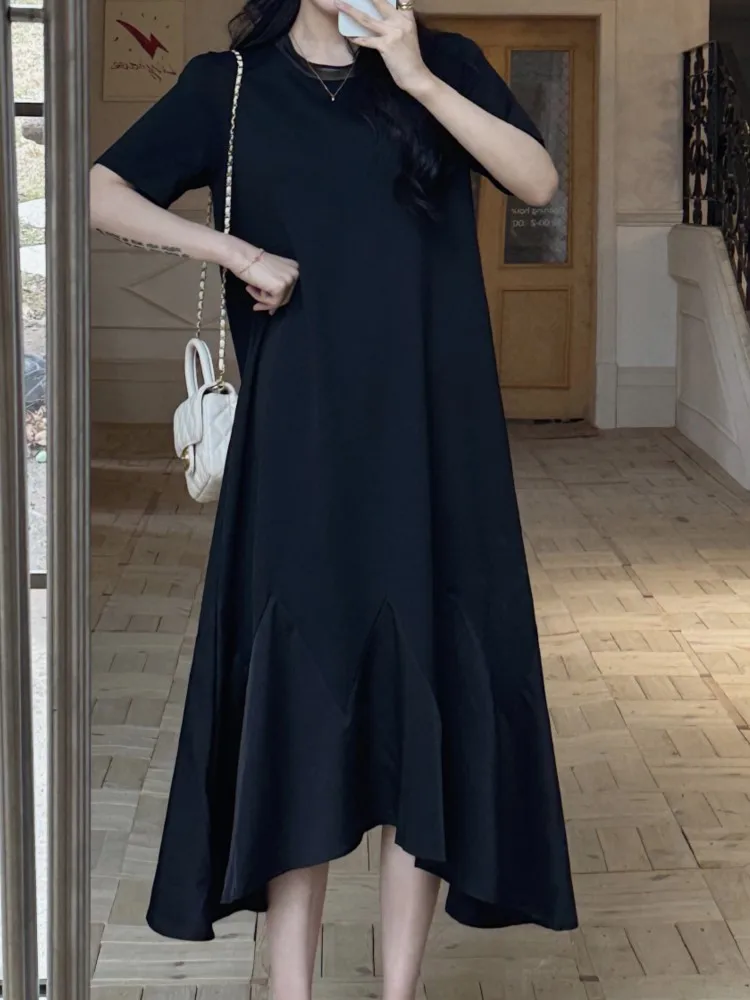 حجم كبير الصيف كوريا الجديدة غير النظامية امرأة فستان Vestidos رداء Elbise فضفاض المرقعة قصيرة الأكمام فستان طويل