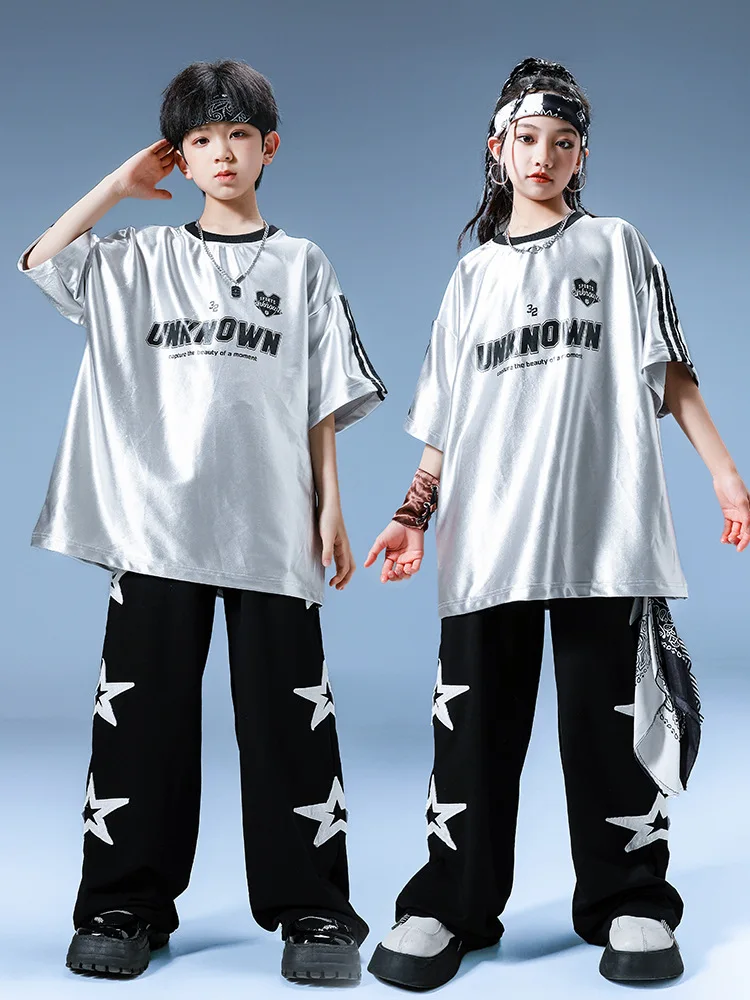 Boys Hip Hop Reflective T-shirt Loose Pants Girls Cool Sliver Sequin Streetwear Kids Street Dance Clothes Set Child Jazz Costume