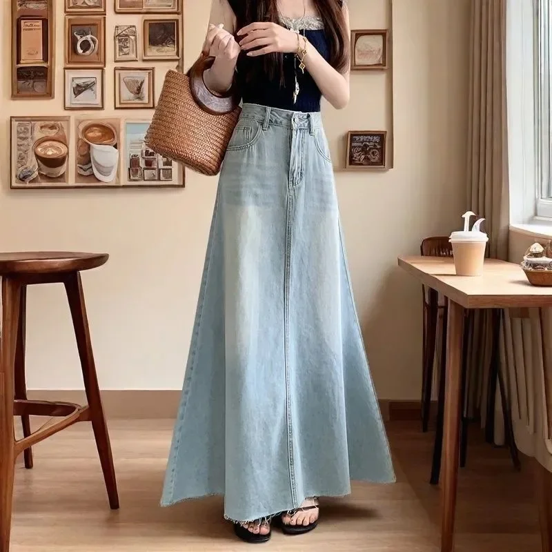 

NICE High Waist Denim Skirt Women's Long Floor Length A- Line Midi Skirt Slimming Hip Covering Vintage Summer Casual Skirt