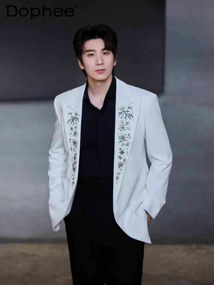 

Fashion Men's 2025 Spring Autumn New Tailored Coats Neckline Beaded Embroidered Sequined Suit Jackets High-end Loose Trendy Tops