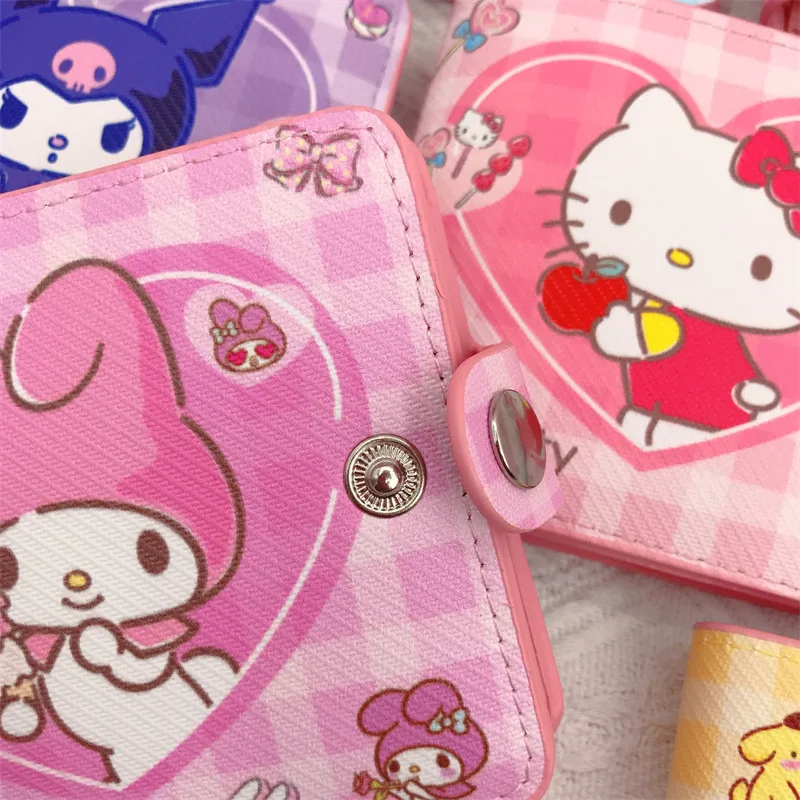 Sanrio Cinnamonroll-cartera de Anime de Hello Kitty, tarjetero a cuadros de amor, My Melody, cartera con botón de dibujos animados, bonita bolsa de