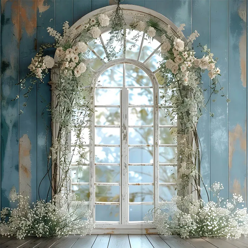 Mehofond 사진 배경 꽃 창 소녀 생일 파티, 출산 초상화, 웨딩 꽃 블루 벽 배경 포토콜