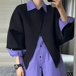 Buttons Patchwork Solid Turn-down Collar Blouses Long Sleeve Two-piece Suit Streetwear Casual Fashion Loose Women's Clothing