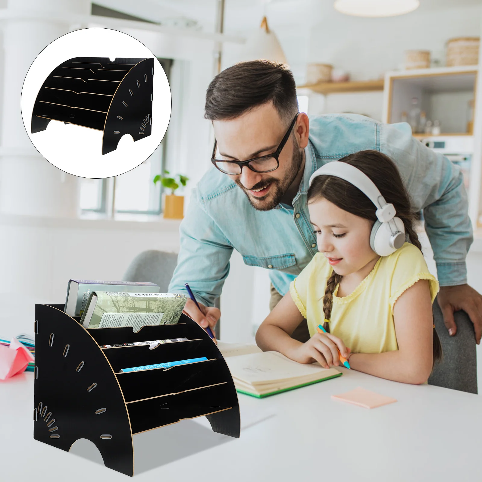 

Desktop Document Organizer Wooden File Storage Rack with Tiered Design for Office Home Use Holds A4 Paper Folders Magazines