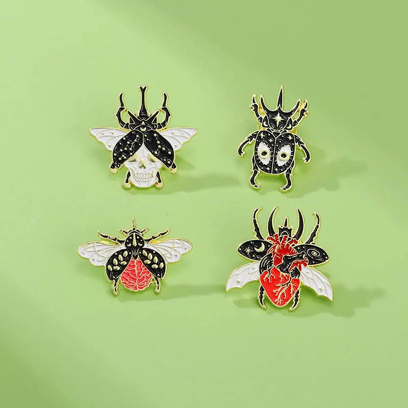 4Pcs/Set Statement Heart Brain Skull Body Insect Series Pins Longicorn Ladybug Shaped Enamel Brooches