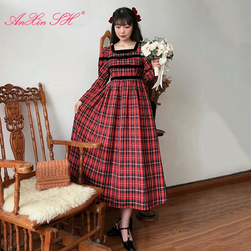 AnXin SH princess Retro French red checkered waist cinched palace style girl square long sleeve zipper customized evening dress