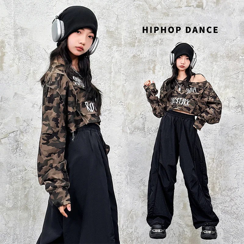 Girls Group Jazz Dance Performance Outfit Camouflage Streetwear Long Sve round Ne Basic Pa Kid Hip Hop Dance Costume