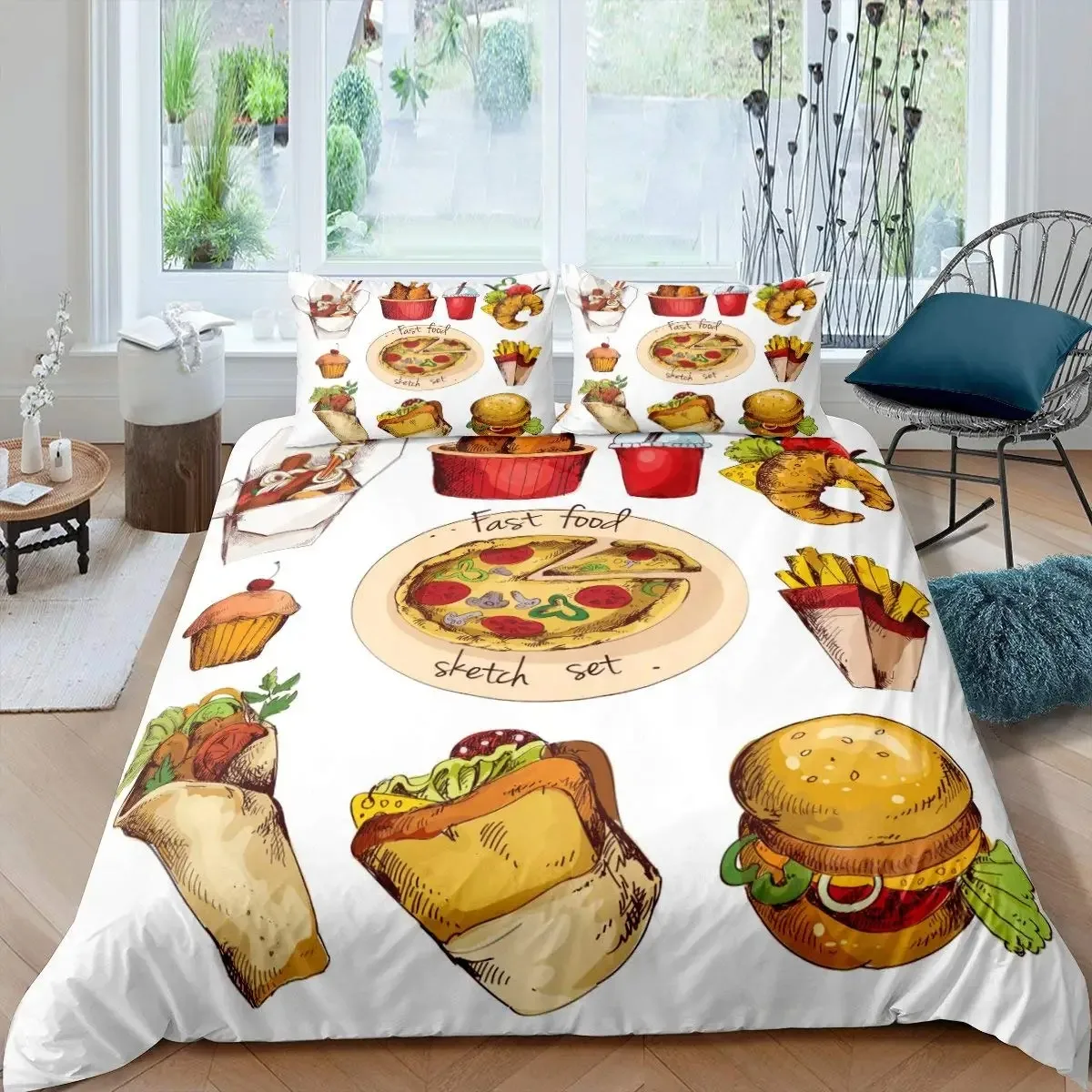 

American Fast Food Duvet Cover Set Full Size Pizza Hotdog Comforter Cover Hamburger Print Bedding Set French Fries Quilt Cover