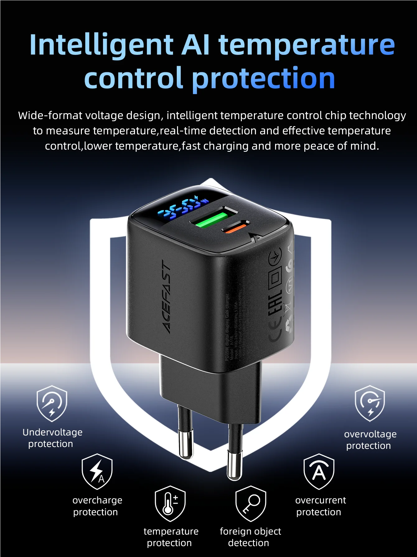 ACEFAST GaN 35W Schnellladegerät mit USB-C-Anschluss für Samsung S25 S24 PD QC Schnellladewandadapter mit LED-Digitalanzeige – Detail 6