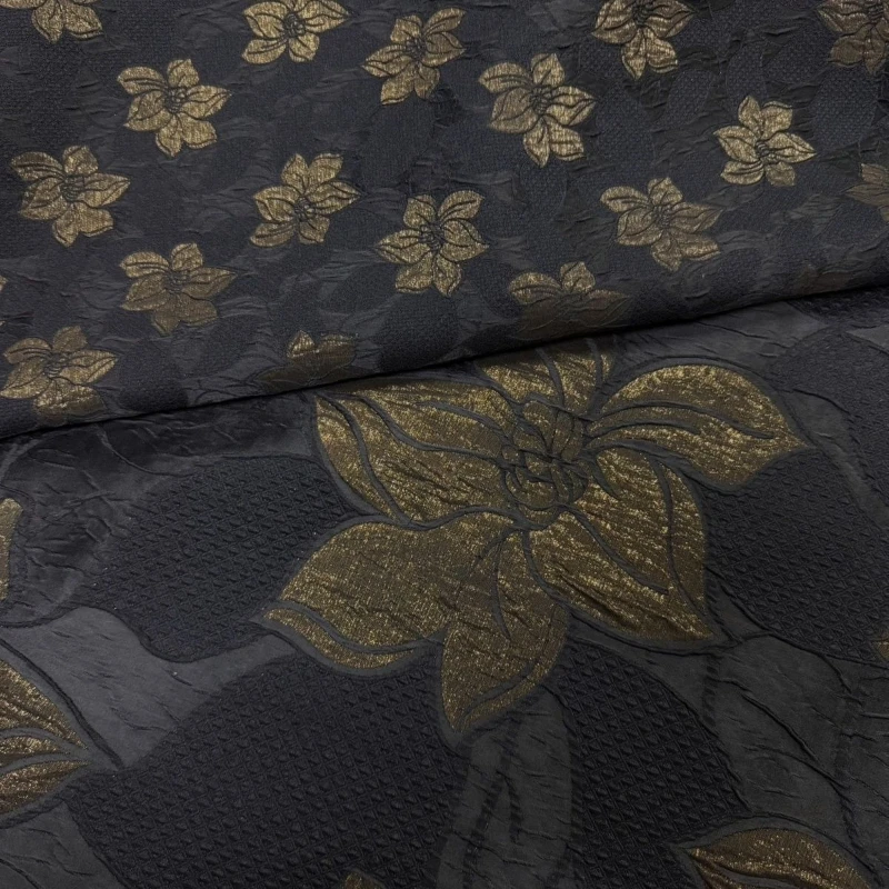 

Vintage Floral Jacquard Handmade Home Fabric Qipao Black Gold Metallic Thread Soft Textile Clothing Supplies Fashion Material